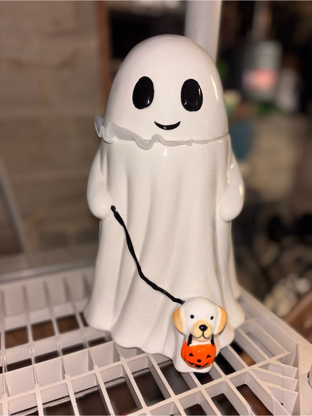 White Ceramic canister Ghost with Dog Pumpkin Trick-or-Treat